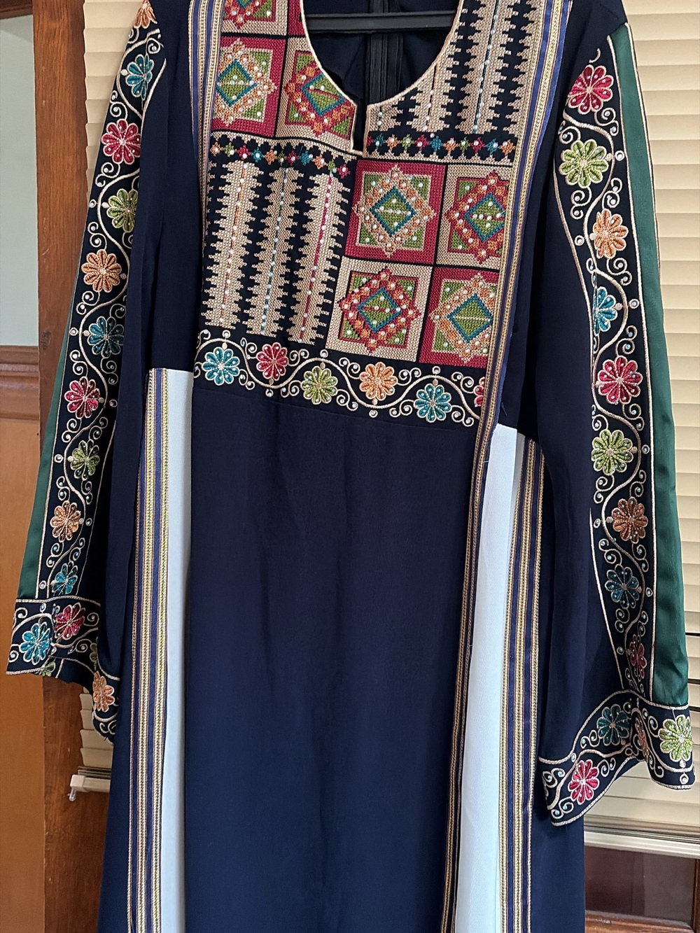 Embroidered Navy Ethnic Thobe Dress with Multicolor Floral Motifs
